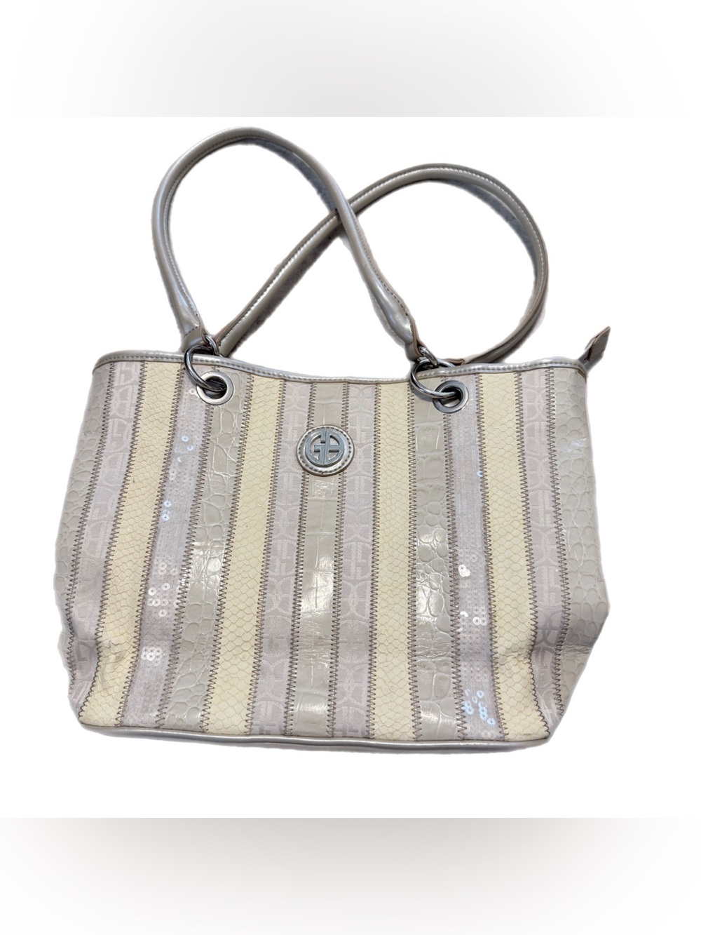 Striped Neutral Satchel Tote in Cream and Light Gray